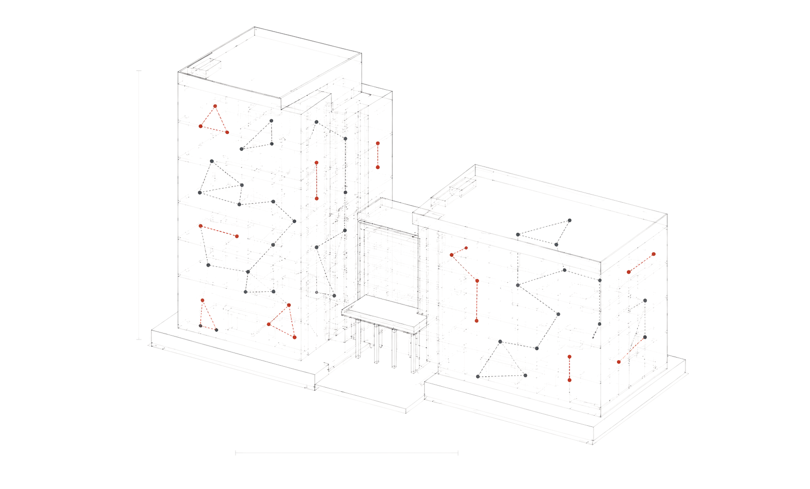 Architectural drawing of a commercial property with fragmented network connections across the building